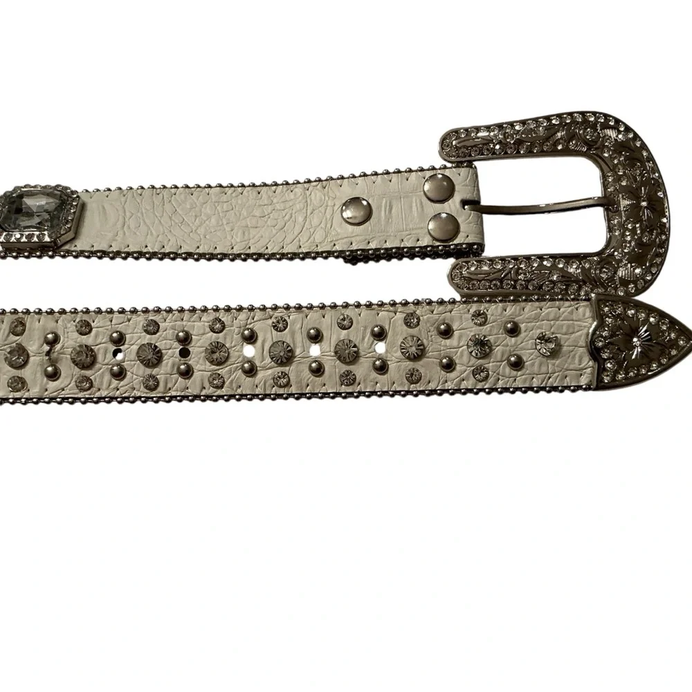 Western rhinestone studded belt cowgirl rodeo pageant bling buckle white large